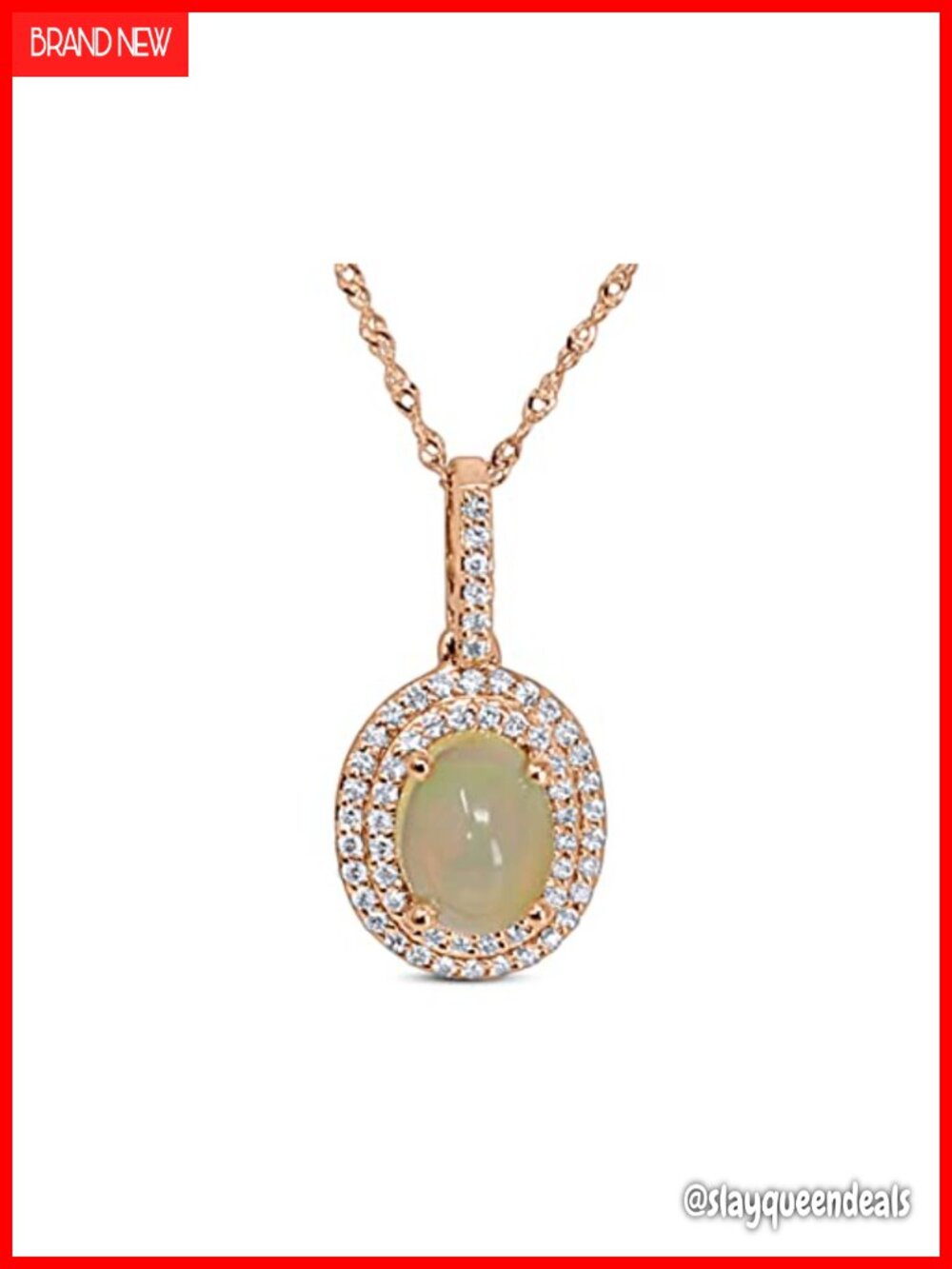 14K Solid Rose Gold Genuine African Opal Diamond Halo Pendant Necklace